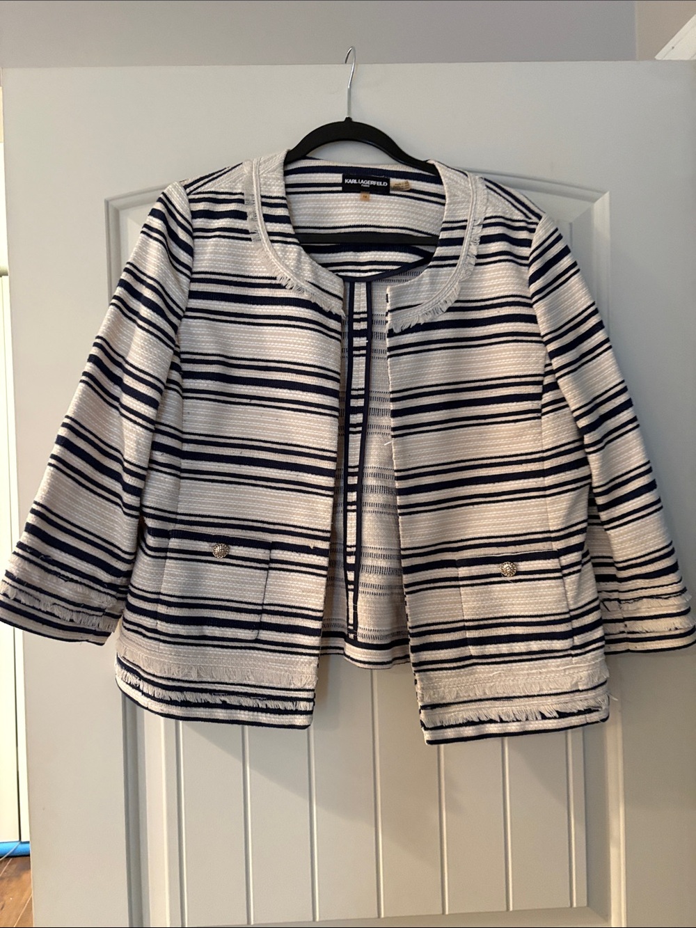 Karl Lagerfeld Navy and White Striped Tweed Blazer